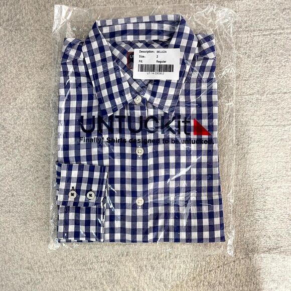 NWT UNTUCKit Ladies Plaid Button Up Long sleeve‎ Shirt Blue/White Belleza Size 2 - Picture 3 of 5